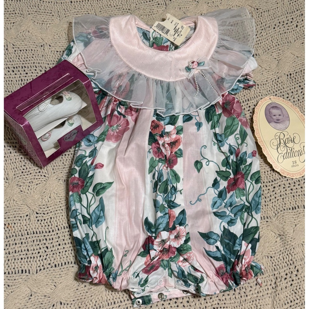 Rare Editions Vintage Floral Baby Girl Romper with Rose Cottage Shoes 18M NWT